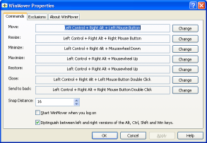 Screenshot of the configuration program for WinMover